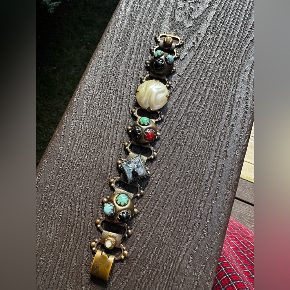 Antique Book Chain Bracelet with Ornate Metalwork and Acrylic Cabochons